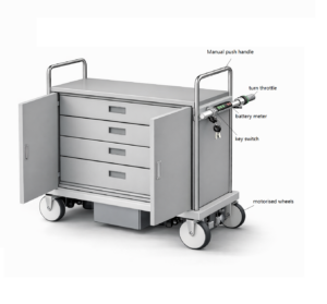 Motorised minibar service cart with light grey powder coated cabinet, drawers, stainless steel handle, and control panel