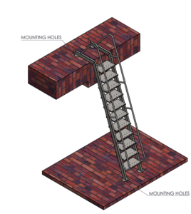 Isometric view of a customized 3-meter steel step ladder with anti-slip steps, side rails, and mounting holes fixed to concrete platforms.