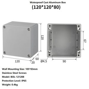 Compact IP65-rated aluminum enclosure sized 120×120×80 mm. Comes with waterproof sealing, stainless steel screws, and internal mounting supports.
