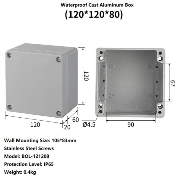 Compact IP65-rated aluminum enclosure sized 120×120×80 mm. Comes with waterproof sealing, stainless steel screws, and internal mounting supports.
