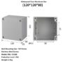 Compact IP65-rated aluminum enclosure sized 120×120×80 mm. Comes with waterproof sealing, stainless steel screws, and internal mounting supports.