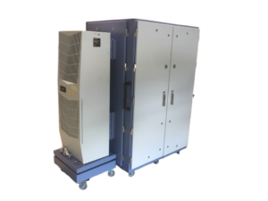Shielded rack enclosure with attached air-conditioning module on castors