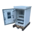 18U IP55 outdoor aircon server rack with open outer and mesh inner doors, revealing internal layout and cooling unit.