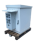 IP55 outdoor server rack with rear-mounted aircon unit and protective roof, designed for weather-resistant cooling.