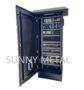 Outdoor SS316L IP65 electrical control panel with front door open, showing wiring, PLC modules, and terminal blocks.