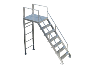 Aluminum access ladder with platform, safety rails, and anti-slip steps for bund wall and industrial use.