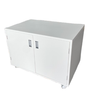 2-door mobile aluminium cabinet with powder-coated off-white finish on castors