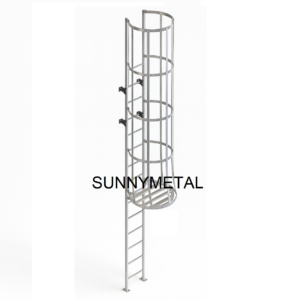 Realistic render of an aluminium cat ladder with safety cage and access door, designed for industrial vertical access applications.