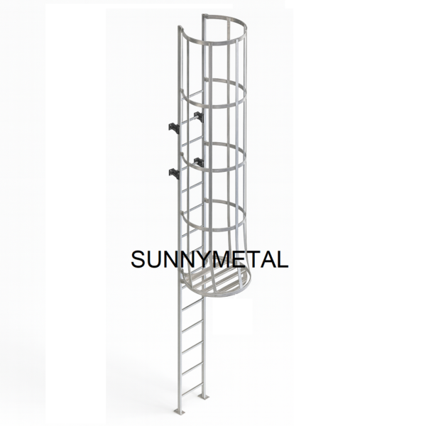 Realistic render of an aluminium cat ladder with safety cage and access door, designed for industrial vertical access applications.