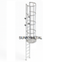 Realistic render of an aluminium cat ladder with safety cage and access door, designed for industrial vertical access applications.