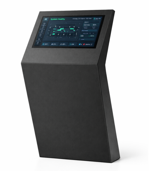 BMS Touchscreen Kiosk – Industrial Steel Floor Stand Industrial matte black BMS touchscreen kiosk with glass front for building management system