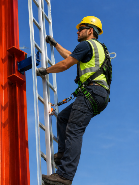 man using anti fall arrest device Construction worker wearing a professional anti-fall arrest device and safety harness while working at heights.