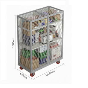 Powder coated mild steel mesh security cage trolley with shelves and lockable doors on wheels 1200x1800x600mm