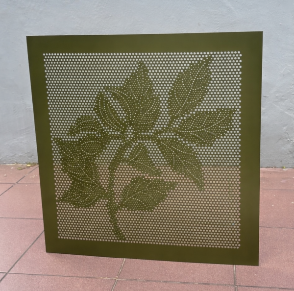 Laser Cut Leaf Panel 600×600 Green Steel laser cut leaf panel 600x600 green steel decorative screen singapore