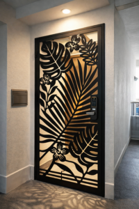 tropical laser cut steel gate hdb apartment entrance singapore decorative metal door panel foliage design