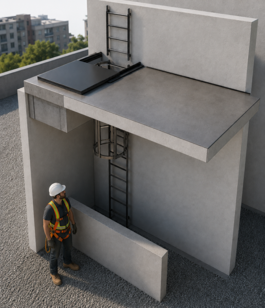 Industrial roof access cat ladder with sliding roof hatch and rooftop extension ladder fabricated by Sunny Metal Singapore