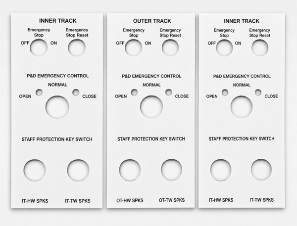 Custom traffolyte nameplate with engraved text and precision cut-outs for industrial control panel applications.