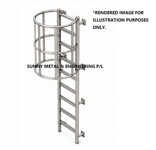 SS304 CAT Ladder with Safety Cage & Embossed Anti-Slip Steps SS304 stainless steel CAT ladder with safety cage and embossed anti-slip ladder steps wall mounted for industrial rooftop access