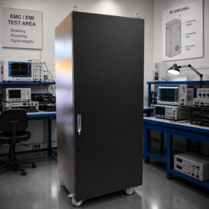 EMC shielded 19-inch rack cabinet with lockable door and castor wheels