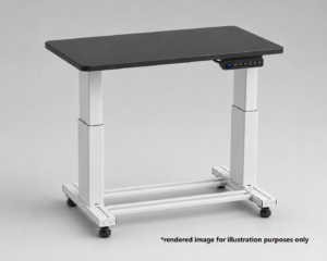 Electric height-adjustable laboratory bench with black chemical-resistant phenolic worktop, white frame and digital controller.