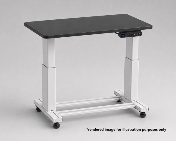 Electric height-adjustable laboratory bench with black chemical-resistant phenolic worktop, white frame and digital controller.