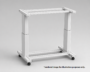White electric height-adjustable lab bench frame with telescopic lifting columns and adjustable levelling feet.