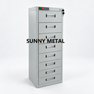 Grey 8-drawer microfilm storage cabinet with digital humidity display