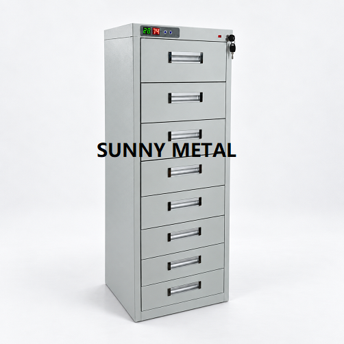 16mm Microfilm Storage Cabinet with Dehumidifier Grey 8-drawer microfilm storage cabinet with digital humidity display