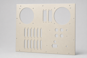 CNC-machined AL5052 aluminium control panel with light-straw Alocrom 1200 coating