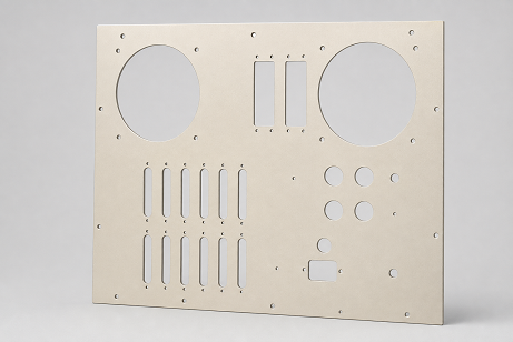 AL5052 Aluminium Control Panel – Alocrom 1200 CNC-machined AL5052 aluminium control panel with light-straw Alocrom 1200 coating